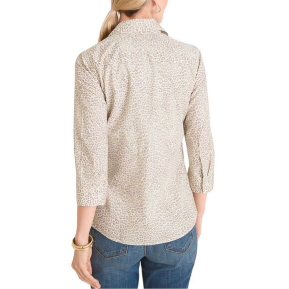 NWT Chico’s sand beige  3/4 sleeve leopard no iron button up shirt size 14 - Picture 2 of 7
